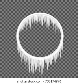 Round frame in icicles on a transparent background. Circle shape winter frost template