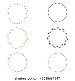 Round frame icons. Circle border symbols. Decorative pattern elements. Vector colorful shapes.