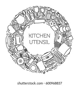 Round frame of icons kitchen utensils with space for text. Kitchen facilities associated with cooking. Icon elements for mobile concepts and web applications. Line icon and flat style. Vector sign.
