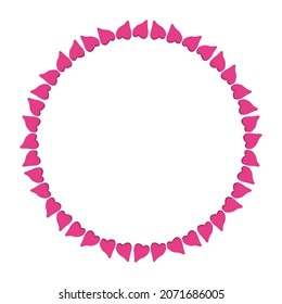 round frame of identical pink hearts on a white background