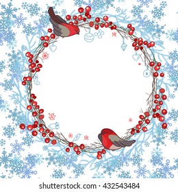 Round frame with ilex branches, snowflakes  and bullfinches sitting on it. Red and blue color.Traditional wreath for  Christmas design, greeting cards, invitations, posters,advertisement.