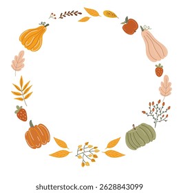 Round frame illustration with autumn harvest elements including pumpkins, leaves, and berries. Design element for cards, posters, and seasonal decoration during fall, Thanksgiving holiday.