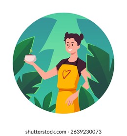 Round frame illustration of girl holding pot with sprout. Character in apron on green leaves background. Eco-friendly gardening. Lifestyle. Flat style. Isolated background. Sticker. Vector.