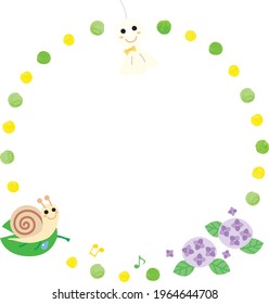 Round frame illustration of a paper doll to which children pray for fine weather, hydrangea and the snail of the rainy season