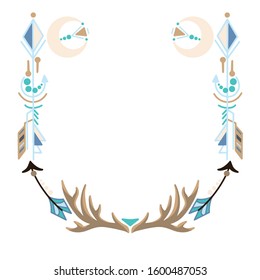 Round Frame with indian feathers and patterns and leaves on colored round background. Vector illustration