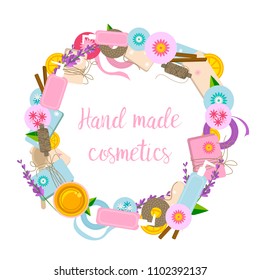 Round frame with ingredients and tools for hand made soap, bath bombs and cosmetics making 