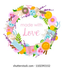 Round frame with ingredients and tools for hand made soap, bath bombs and cosmetics making and text made with love