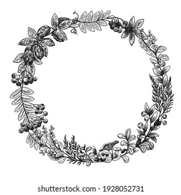 Round frame in ink hand drawn style with plant forest elements, mushrooms, berries and ferns.