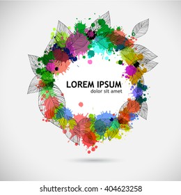 round frame with ink spots with leaves. Vector