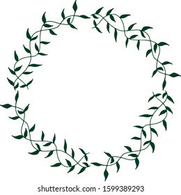Round frame with interesting cute green branches on white background. Vector image. 