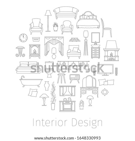 Round frame with interior items and furniture in an offline style. Vector linear illustration with a composition of various home decoration.