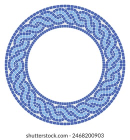 Round frame with interlacing mosaic braid, circle pattern with interweaving tile lines, mosaic pigtails, vector