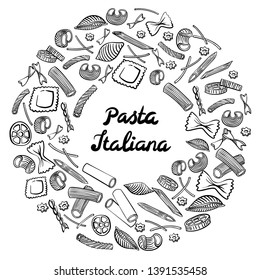 Round frame with italian macaroni of different kinds. Black hand draw on white background. Vector illustration