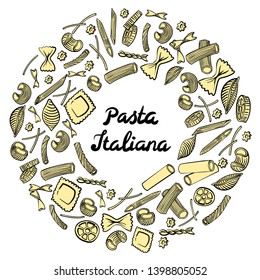 Round frame with italian macaroni of different kinds. Colored hand draw on white background. Vector illustration