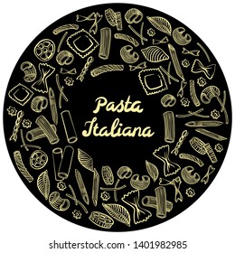 Round frame with italian macaroni of different kinds. light yellow coloured hand draw on black background. Vector illustration
