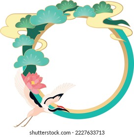 Round frame with Japanese pine tree, lotus and crane bird. Vector illustration.