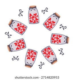 Marco redondo de frascos con corazones, arco, símbolos románticos lindos del día de San Valentín, para las tarjetas, los patrones, las pegatinas, aislados en el fondo blanco. Vector
