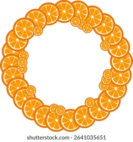 Round frame with juicy orange slices. Summer citrus wreath. Vector isolated illustration on transparent background.