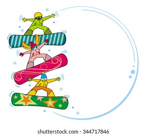 Round frame with jumping snowboarders