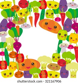 Round frame Kawaii bell peppers, pumpkin beets carrots, eggplant, red hot peppers, cauliflower, broccoli, potatoes, mushrooms, cucumber, onion, garlic, tomato, radish white background. Vector