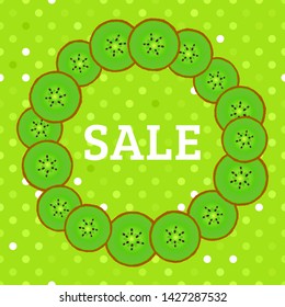Round frame of kiwi slices. Summer green design sale. Vector illustration isolated on white background