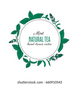 Round frame, label, sticker with vector mint leaves, peppermint branch, flower hand drawn sketch isolated on white background, Hand drawn spicy herbs, Doodle cooking ingredient for design, packaging