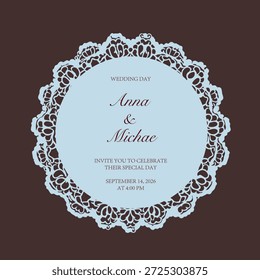 Round frame with lace border ornament made of cutout paper swirls, elegant label, save the date card or wedding invitation template, vector illustration