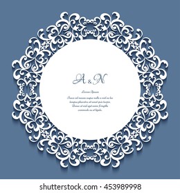 Round frame with lace border ornament of cutout paper swirls, elegant label, save the date card or wedding invitation template, eps10 vector illustration