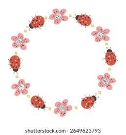 Quadra redonda com joaninhas e flores floridas. primavera e verão inseto vetor plano ilustração simples para design.