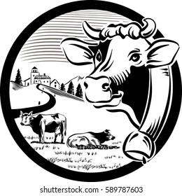 round frame, with landscape and head of cow.