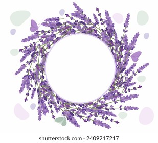 Marco redondo de ramas de lavanda con mariposas. Ilustración del vector
