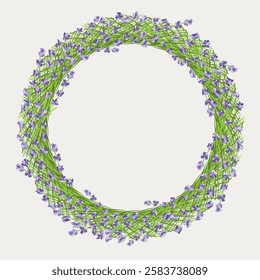 Round frame of lavender. Wreath with beautiful vector branches. For creating postcards, invitations, labels. Flat vector illustration.