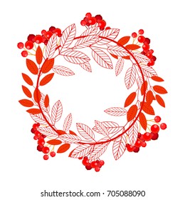 Round frame with leaves and ashberry berries isolated on white background. Hello autumn. Vector
