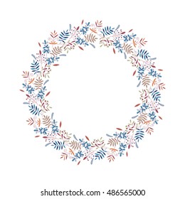 Round frame with leaves and branches. Doodle design.