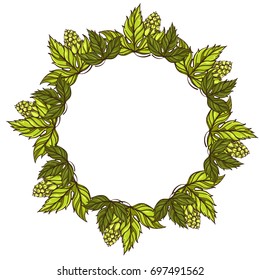 Round frame of leaves and cones of hops. Vector illustration isolated on white background for design of packaging, labels and other items.