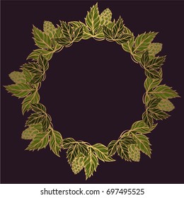 Round frame of leaves and cones of hops. Decorative element for design of packaging, labels and other items.