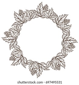 Round frame of leaves and cones of hops. Decorative outline element for design of packaging, labels and other items.
