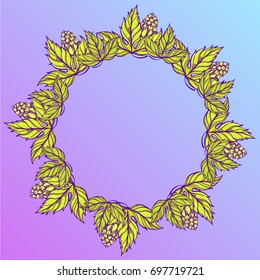 Round frame of leaves and cones of hops. Decorative element for design of packaging, labels and other items.