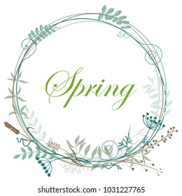 Round frame of leaves, flowers and twigs. Can be used as a background for wedding invitations, birthday parties and other holidays.