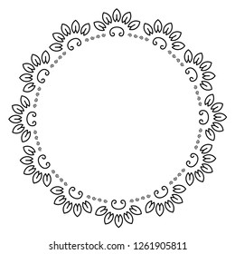 Round frame with leaves and foliage elements. Beautiful decorative round frame. Vector flat outline icon illustration isolated on white background.