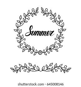 Round frame of leaves with lettering words "summer".  Hand draw vector decorative element