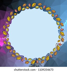 Round frame with leaves on a square mosaic background. Copy space.  Vector clip art.