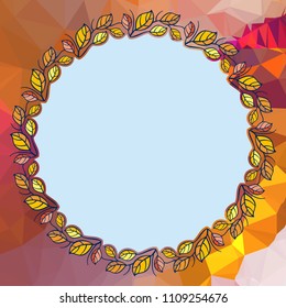 Round frame with leaves on a square mosaic background. Copy space.  Vector clip art.