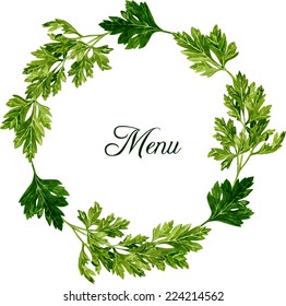 Round Frame With Leaves Of Parsley Drawing By Watercolor On White Background, Hand Drawn Vector Illustration