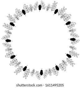 The round frame of leaves. Stylized hand-drawn vector illustration.The inscription letters. Natural elements for greeting and wedding cards, posters, stickers, and design.