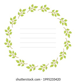 Round frame with leaves. Template for postcard, banner, poster, packaging, wedding invitation, birthday greeting card. Hand Drawn vector illustration.