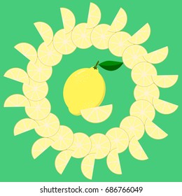 A round frame of lemon slices in the center is juicy and ripe lemon.