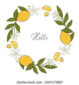 Round frame with lemons isolated on white background. Vector graphics.