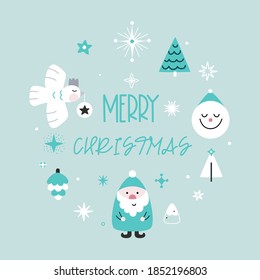 Round frame with lettering and design elements. Vector festive background, template for card or your project. Modern flat scandinavian style.