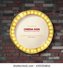 Round frame with light bulbs against a vintage brick wall. Vector illustration